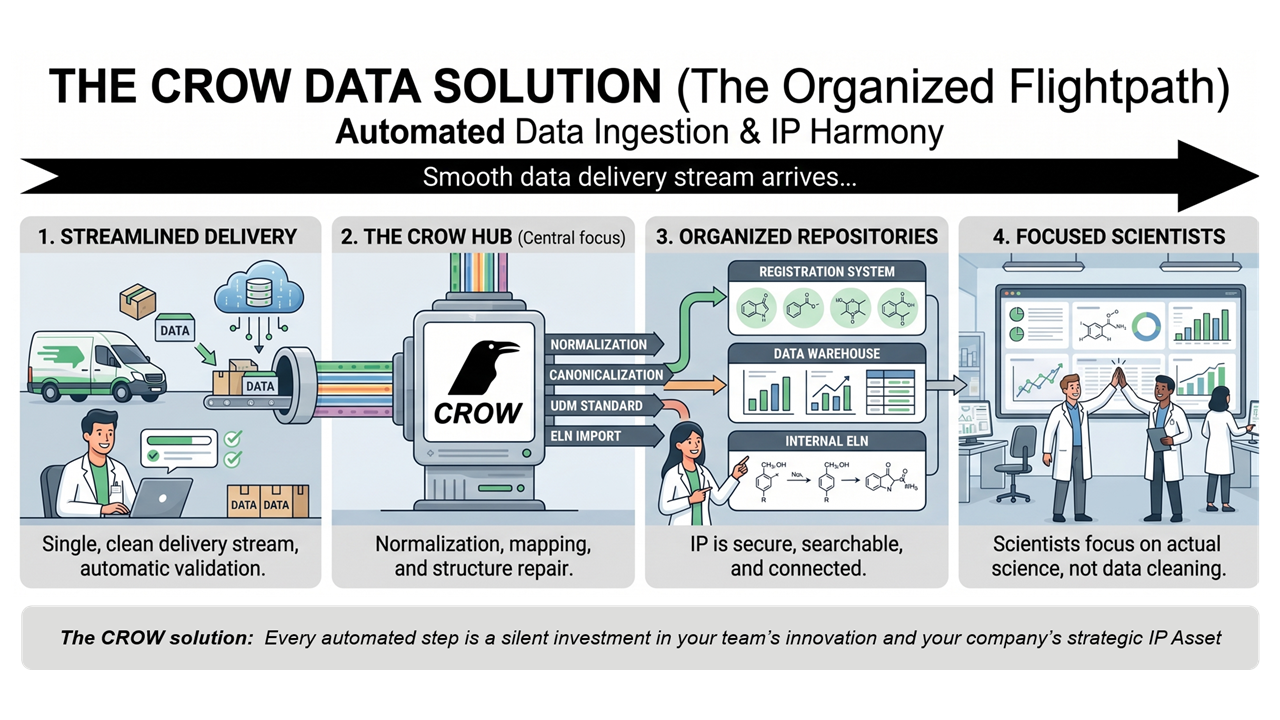 The CROW Data Solution: a four-step organized flightpath showing streamlined delivery, the CROW Hub, organized repositories, and focused scientists