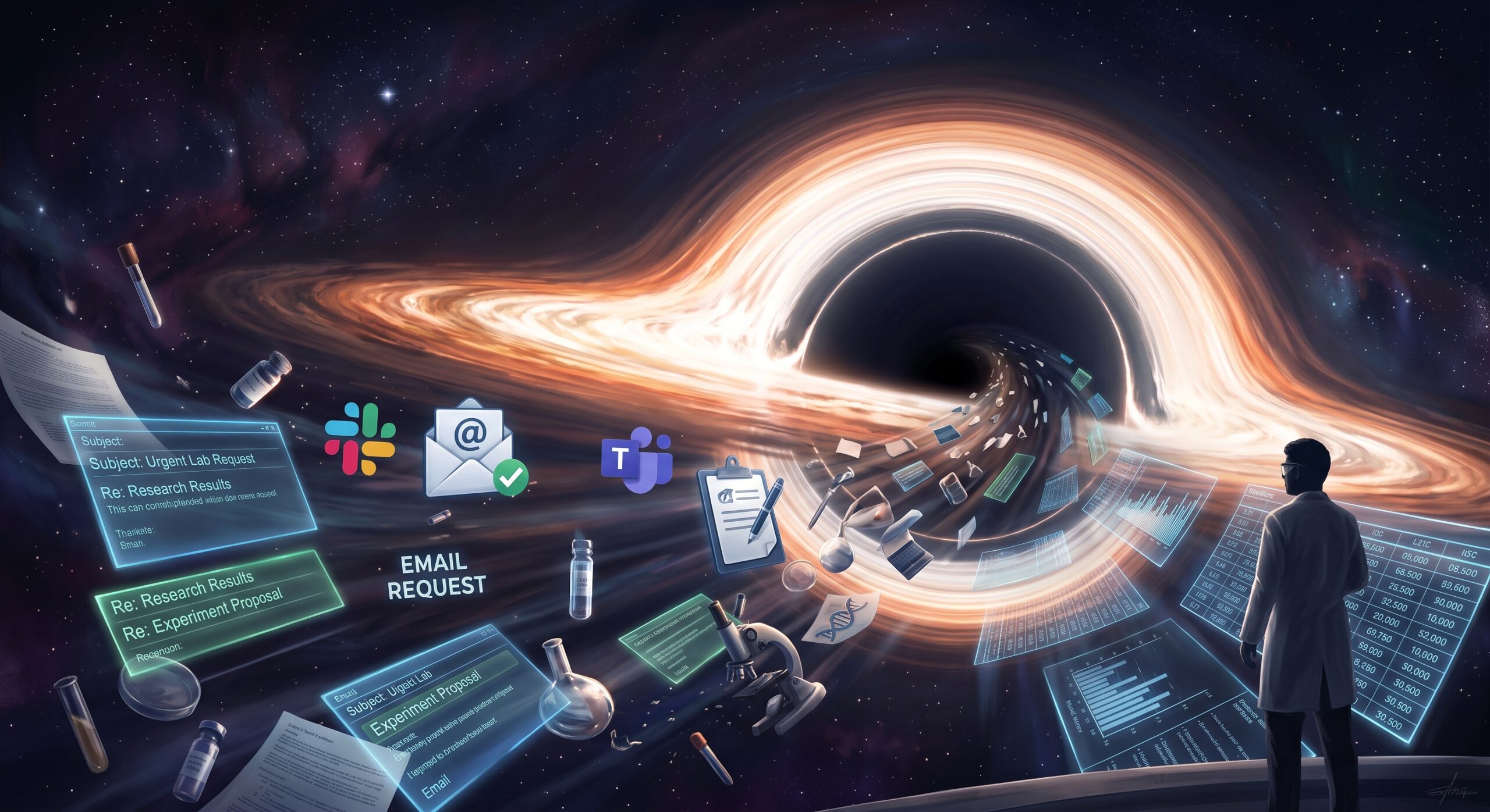 A scientist's requests scattering across email, Slack, and a lab fridge instead of a single tracking system